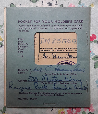 National Savings Certificate Book Mr C Henniker 333 Martin Way Raynes Park London SW20 1957