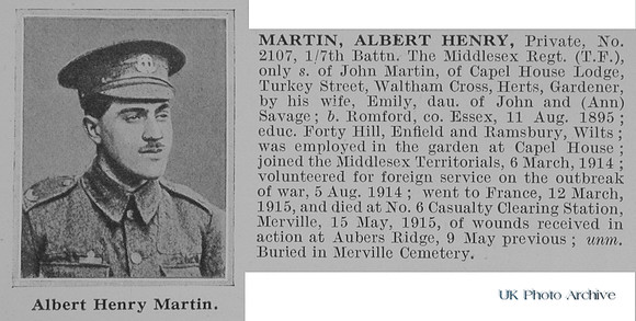 Martin A H Pte 2107 7th Middlesex Regiment Obit