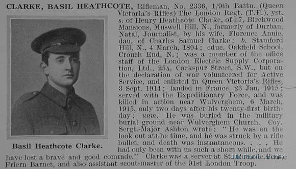 Clarke B H Rfn 2336 9th London Regiment Obit