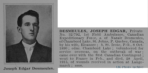 Desmeules J E Pte 32-792 1st Field Ambulance Canadian Expeditionary Force Obit