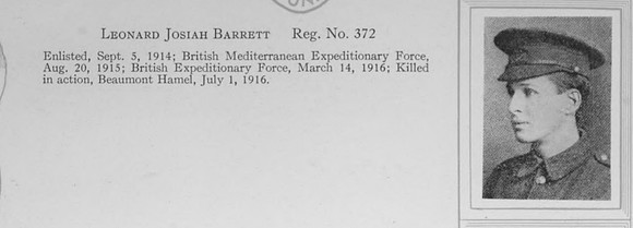 Barrett L J Pte 372 Newfoundland Regiment
