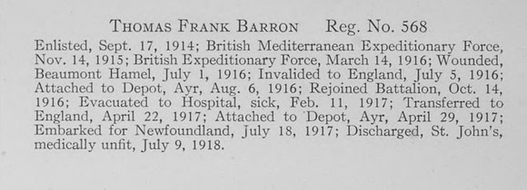 Barron T F Pte 568 Newfoundland Regiment