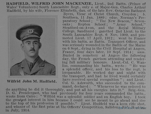 Hadfield W J M Lt 2nd South Lancs Regiment Obit