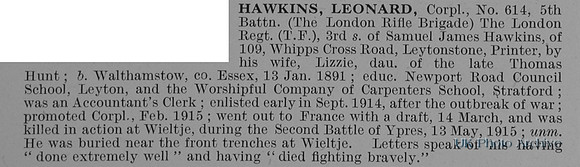 Hawkins L Cpl 614 5th London Regiment Obit