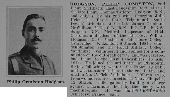 Hodgson P O 2nd Lt East Lancs Regiment Obit