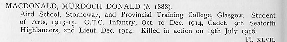 MacDonald M D 2nd Lt 9th Seaforth Highlanders Obit