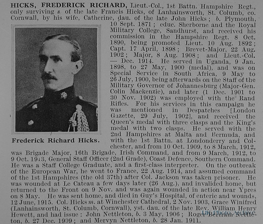 Hicks F R Lt Col 1st Hampshire Regiment Obit