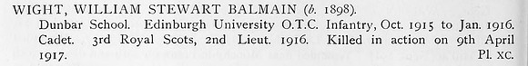 Wight W S B 2nd Lt 3rd Royal Scots Obit