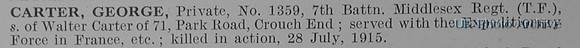 Carter G Pte 1359 7th Middlesex Regiment Obit