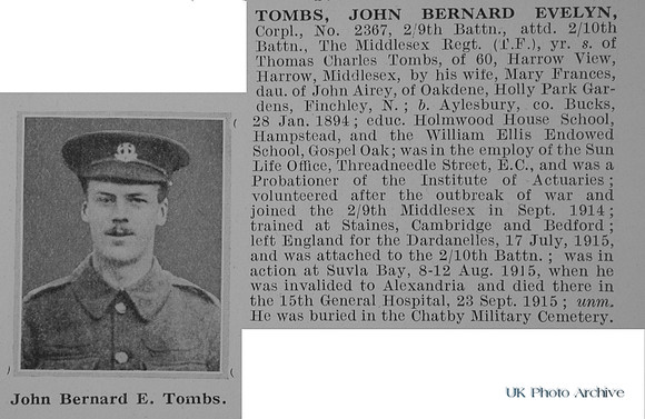 Tombs J B E Cpl 2367 9th Attd 10th Middlesex Regiment Obit