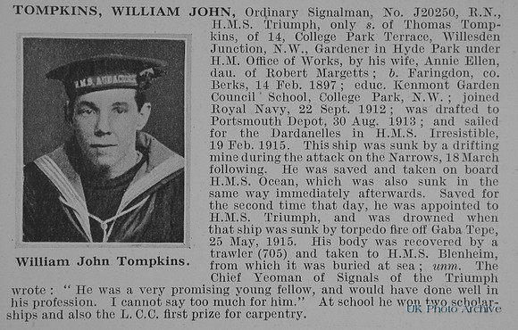 Tompkins W J Ord Sig J-20250 HMS Triumph Royal Navy Obit