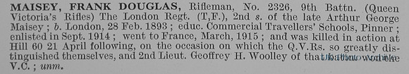 Maisey F D Rfn 2326 9th London Regiment Obit