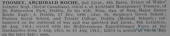 Toomey A R 2nd Lt 6th Leinster Regiment