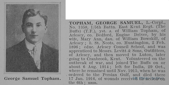 Topham G S LCpl 1358 5th East Kent Regiment Obit