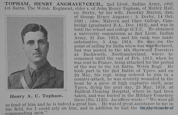 Topham H A C 2nd Lt Indian Army Obit