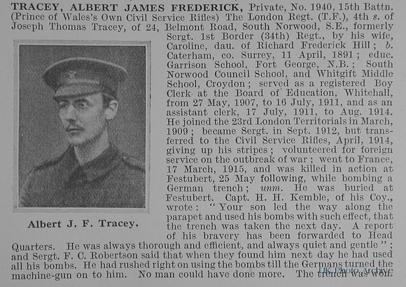 Tracey A J F Pte 1940 15th London Regiment Obit