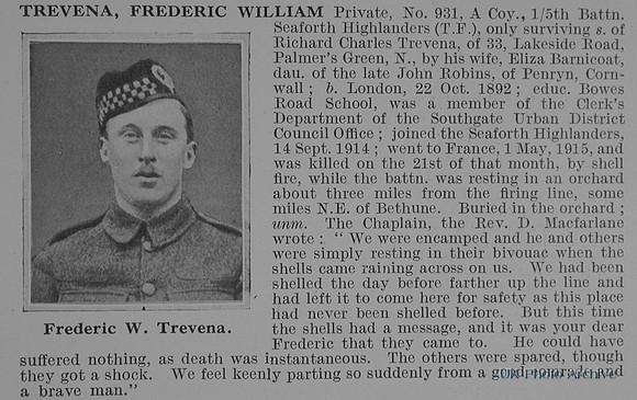 Trevena F W Pte 931 5th Seaforth Highlanders Obit