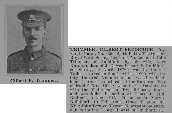 Trimmer G F Coy Sergt Major 3359 2-4th Queens Royal West Surrey Regiment Obit