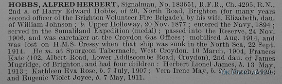 Hobbs A H Sig 183651 HMS Cressy Royal Navy Obit