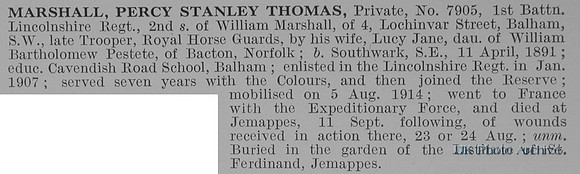 Marshall P S T Pte 7905 1st Lincolnshire Regiment Obit