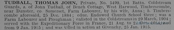 Tudball T J Pte 5499 1st Coldstream Guards