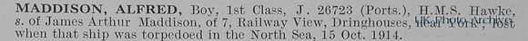 Maddison A Boy 1st Class J/26723 HMS Hawke Royal Navy Obit