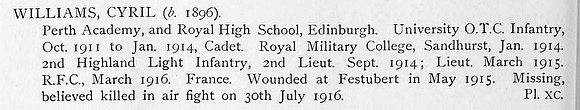 Williams C Lt Royal Flying Corps Obit