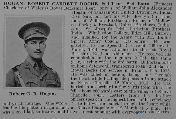 Hogan R G R 2nd Lt 2nd Royal Berkshire Regiment Obit