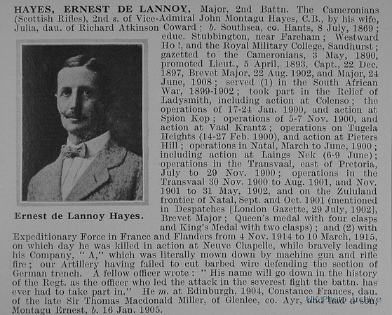 Hayes E D L Major 2nd Cameronians Obit
