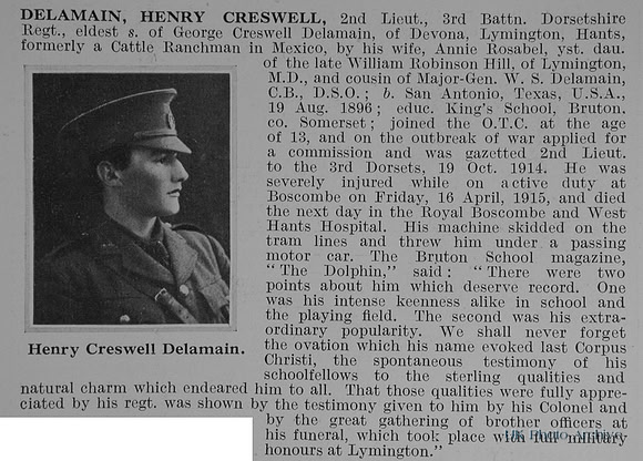 Delamain H C 2nd Lt 3rd Dorset Regiment Obit