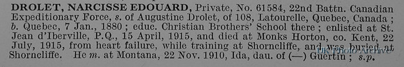 Drolet N E Pte 61584 22nd Canadian Expeditionary Force Obit