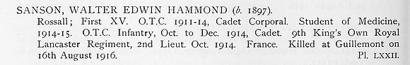 Sanson W E H 2nd Lt 9th King's Own Royal Lancaster Regiment