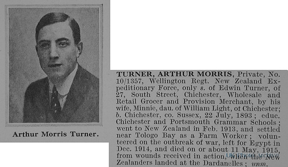 Turner A M Pte 10-1357 Wellington Regiment New Zealand Expeditionary Force Obit