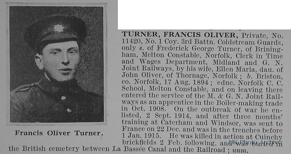 Turner F O Pte 11420 3rd Coldstream Guards Obit