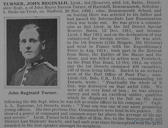 Turner J R Lt 1st Dorset Regiment Obit