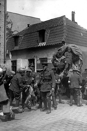 Indian Corps Headquarters Post Office. The officer seen in the foreground Lieut Bullard was killed the next morning by a shell after the photograph was taken Merville France.