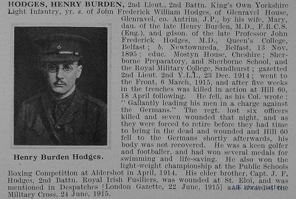 Hodges H B 2nd Lt 2nd Kings Own Yorkshire Light Infantry Obit