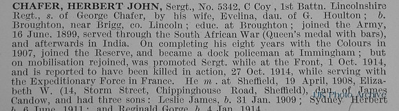 Chafer H J Sergt 5342 1st Lincolnshire Regiment Obit