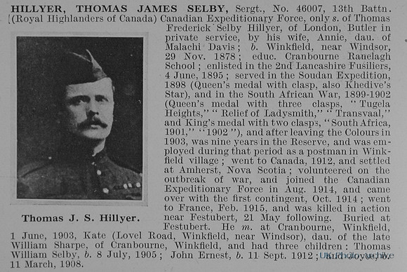 Hillyer T J S Sergt 46007 13th Canadian Expeditionary Force Obit