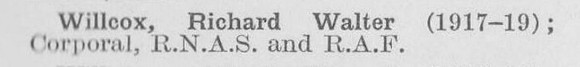 Willcox R W Cpl Royal Naval Air Service