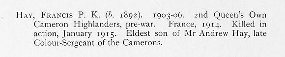 Hay F P K Pte 8199 2nd Cameron Highlanders Obit