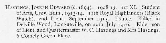Hastings J E 2nd Lt 11th Black Watch Obit