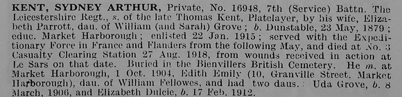 Kent S A Pte 16948 7th Leicestershire Regiment
