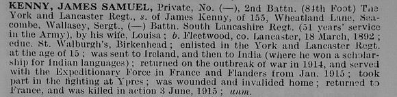 Kenny J S Pte 9810 2nd York And Lancs Regiment