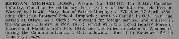 Keegan M J Pte 102447 4th Canadian Infantry