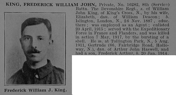 King F W J Pte 16282 8th Devonshire Regiment Obit De Ruvignys Roll Of Honour Vol 5