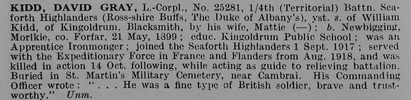 Kidd D G L/Cpl 25281 4th Seaforth Highlanders