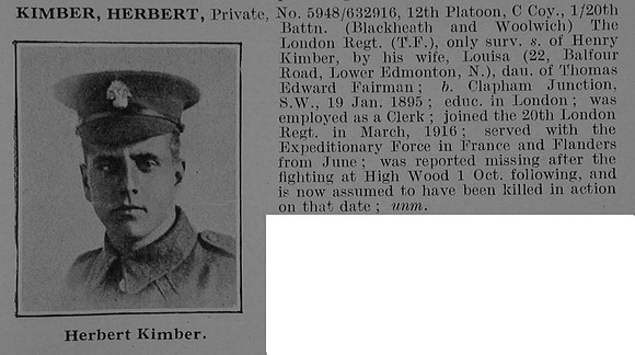 Kimber H Pte 632916 20th London Regiment Obit De Ruvignys Roll Of Honour Vol 5