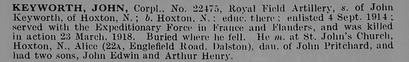 Keyworth J Cpl 22475 Royal Field Artillery