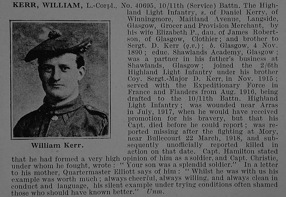 Kerr W LCpl 40695 11th Highland Light Infantry Obit De Ruvignys Roll Of Honour Vol 5